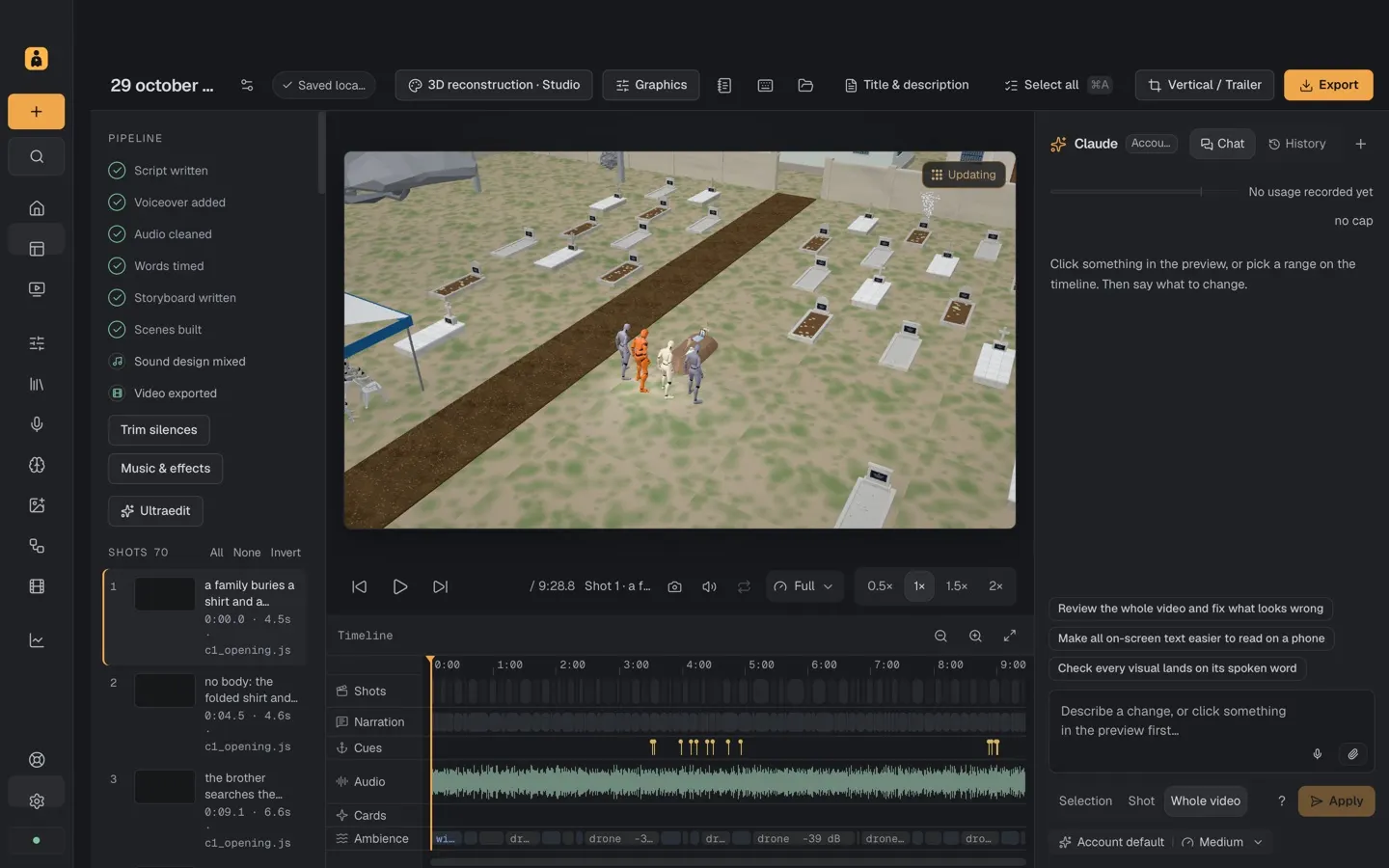 The editor: your video in the middle, the timeline below, and Claude ready to change whatever you click.