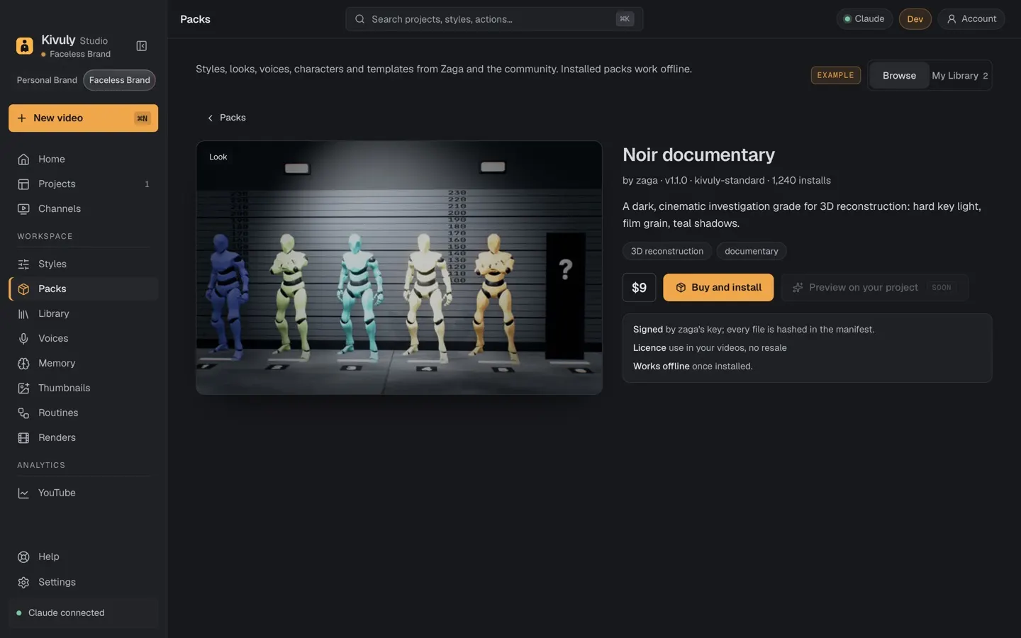 A pack page in Zaga Studio with a preview, what is included and an install button